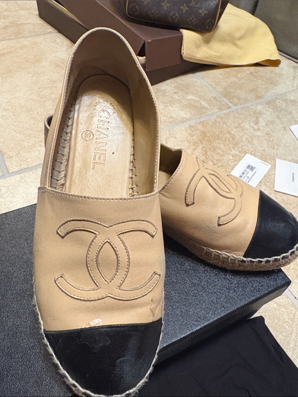 CHANEL Beige Leather Espadrille Slip-Ons with Black Cap Toes - Picture 4 of 9